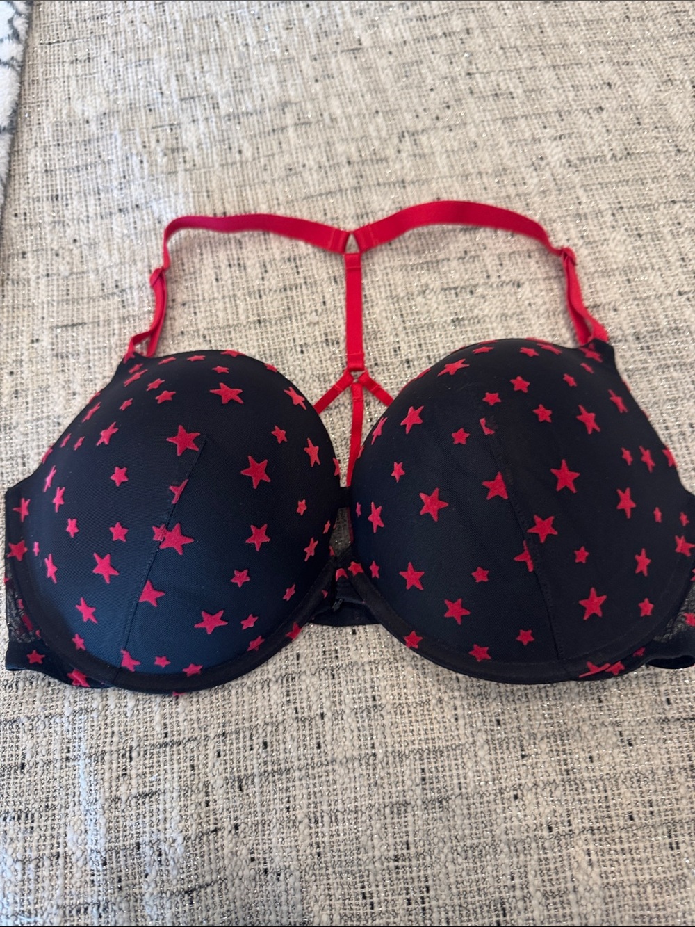 Victoria's Secret Black Bra with Red Star Print and Red Racerback
